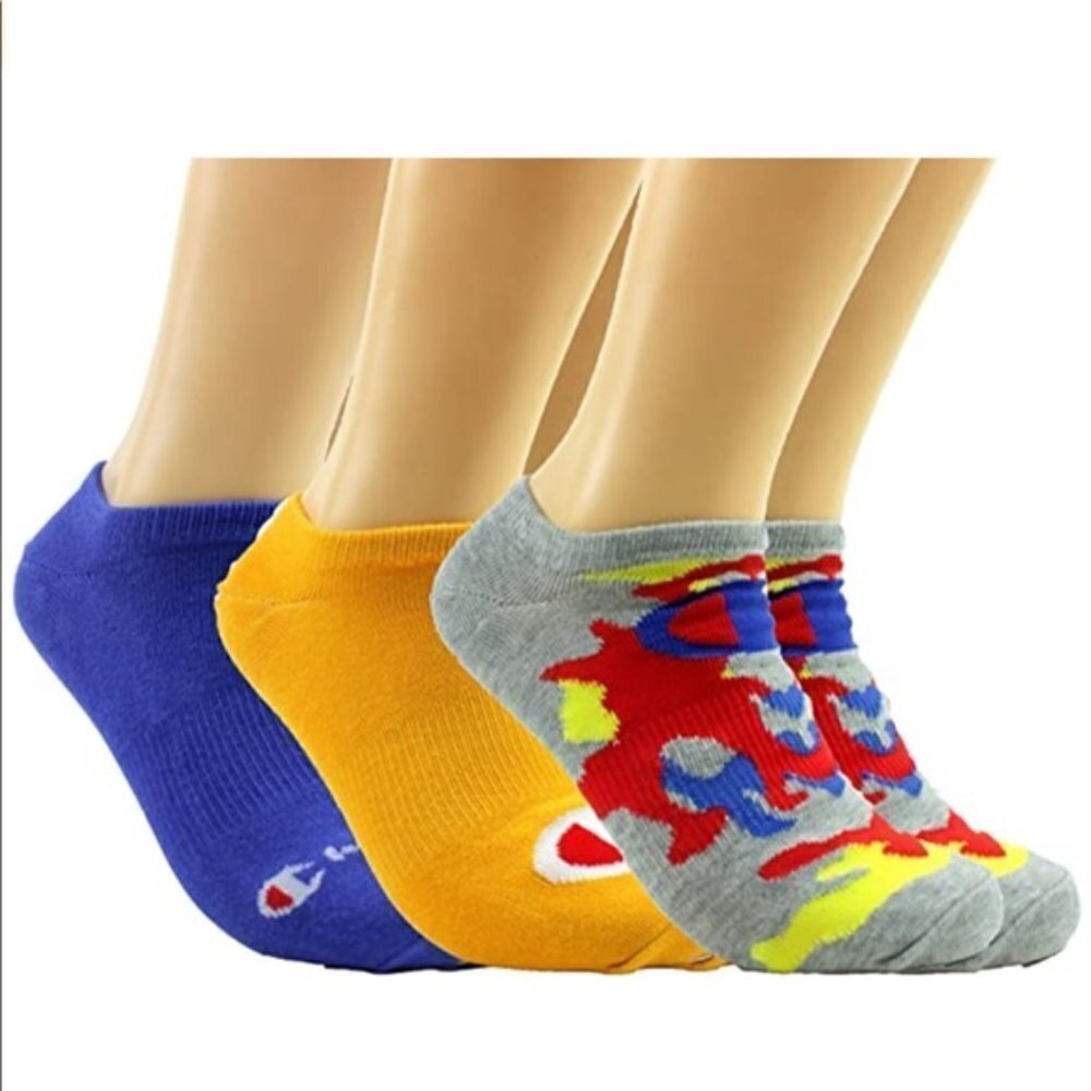 Champion Men's Multi Logo Super No Show Socks 3-Pack Shoe Size 6-12  Multi Color